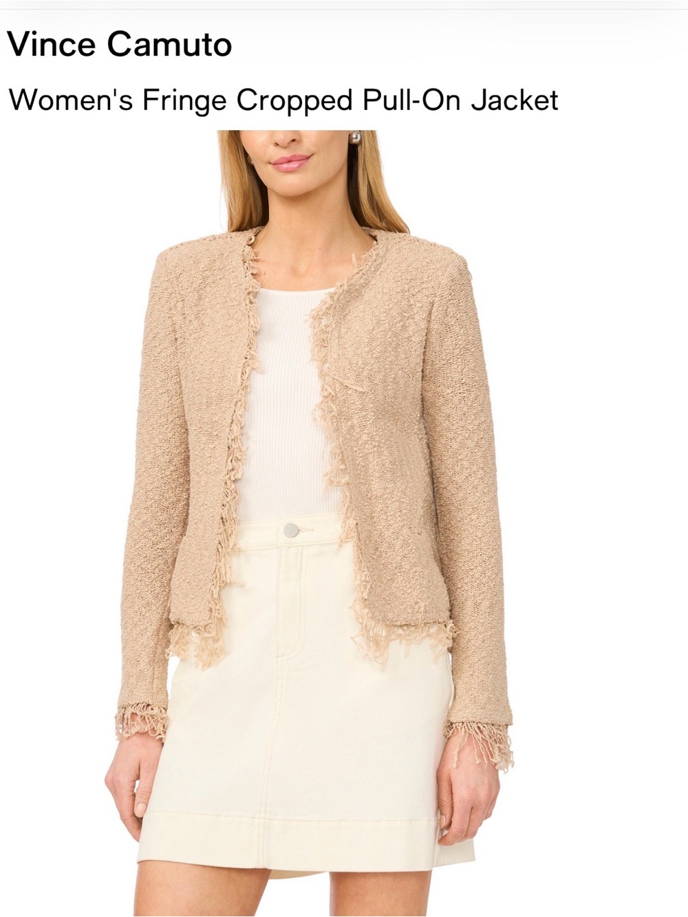 Gorgeous! NEW WITH TAGS! Vince Camuto Beige Fringe-Trim Cropped Knit Jacket